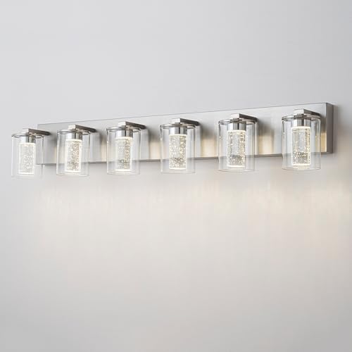Image of SineRise Bathroom Vanity Light with 3 Color Modes (3000K /4000K /6000K), Eye Protection LED Bathroom Light Fixture, Dimmable Modern Wall Light Over Mirror with Clear Glass Shade (Nickel, 6-Light)