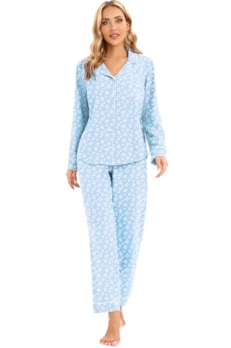 Image of LUBOT 100% Cotton Pajamas for Women Pajama Set 2 Piece PJ Sleepwear Set Soft Ladies Button Knit Long Sleeve Loungewear XS-XXL