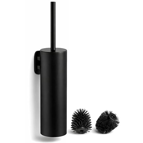 Bravara X Black Wall Mounted Toilet Brush & Holder – Silicone Toilet Brush with Additional Bristle Head, Matte 304 Stainless Steel Holder, Removable Hygienic Design