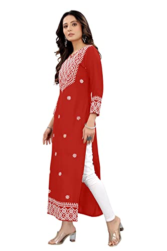 Image of Women's Rayon Embroidered Straight Kurti Under 499 Designer Attractive Look Women's Kurta