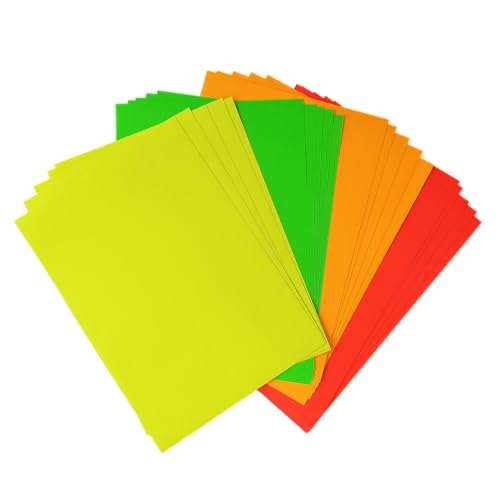 20 hojas A4 Papel Adhesivo Fluorescente (Amarillo, Verde, Naranja, Rojo) 5 hojas de cada, tamaño A4 - Trasera con crack back fácil de retirar - Etiquetas adhesivas imprimibles adhesivo fluor