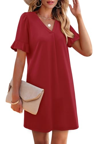 Image of OFEEFAN Summer Dresses for Women Ruffle Short Sleeve V Neck Casual Shift Dress with Pockets