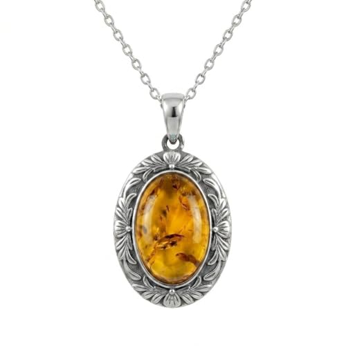 BEBEWO 925 Sterling Silver Vintage Oval Amber Necklace Jewelry Gift