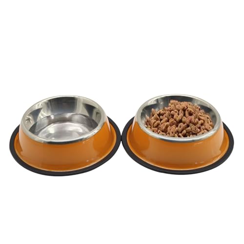 Angeer 2 Pack Stainless Steel Dog & Cat Bowls Non-Slip Pet Food and Water Dishes with Anti-Tip Design, Durable Easy-Clean Bowls for Puppy, Kitten, Pets (Orange)