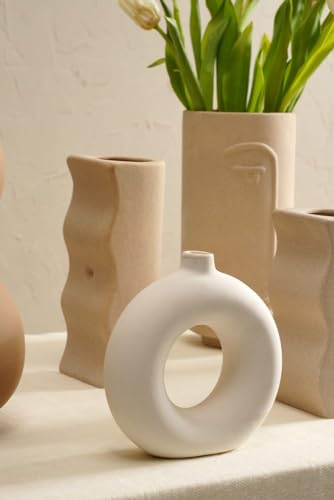 Image of PUREZENTO Desert Farmhouse Vase Beige and White Set of 7 Matte Finish Ceramic Designer Flower Vase for Home Decor Table Bedroom Side Corner