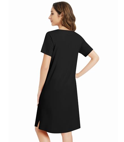 Image of NACHILA Nightgowns for Women-Viscose Made from Bamboo,Short Sleeve Nightshirts V Neck Sleep Shirt Loose Sleep Dress