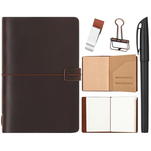 Thenshop Travelers Refillable Leather Journal Notebook Travel Diary Handmade Passport Travelers Journal for Men and Women with 3 Notebook Inserts, Pen Holder, Binder Clip(Coffee Color,A5 Size)