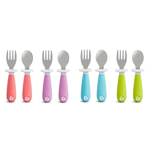 Image of Munchkin® Raise™ Toddler Fork and Spoon Utensil Set, Rest Keeps Tip Off Table, BPA Free, 8 Pack, Blue/Green/Pink/Purple