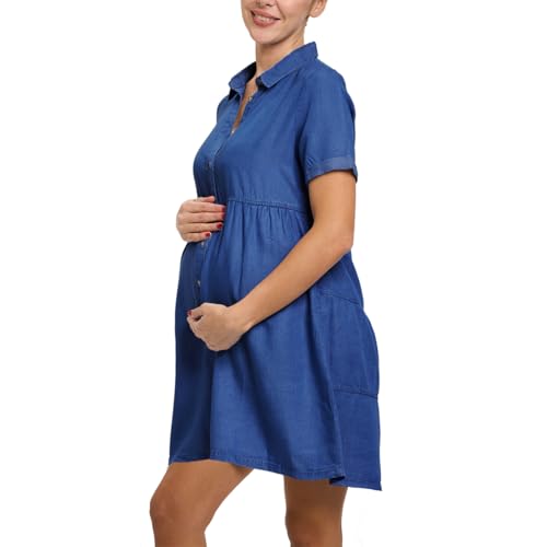 FASHIONSPARK Women's Maternity Denim Dress Short Sleeve Button Down  Chambray Shirt Dress with Collared Neck, Casual Loose Fit Pregnancy Clothes  Deep Blue at Amazon Women's Clothing store