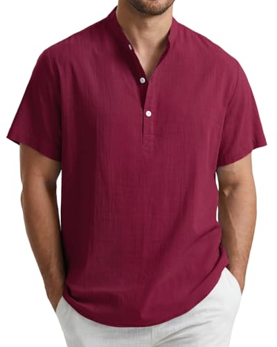 Enlision Camisa de Lino Hombre Verano Manga Corta Borgoña Sin Cuello Mao Camisas Ibicenca Hombres Casual Elegante Transpirable Camiseta con 3 Botones Holgada Tallas L