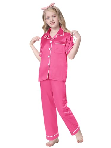 Schbbbta Satin Pajamas for Girls, Silk Pajamas 3 Pieces Button Down Sleepwear Loungewear Outfit for Girls, Hot Pink, 11-12 Years = Tag 1604