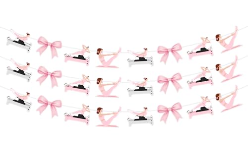 JOYMEMO 3 Pieces Pilates and Pink Bow Party Banners, Pink Pilates Theme Birthday Decorations for Girls Women, Sports Fitness Theme Photography Background Party Supplies for Birthday Baby Shower