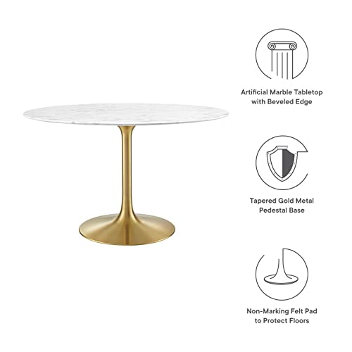 Image of Modway Lippa 47 inch Mid-Century Dining Table with Round Artificial Marble Top in Gold White