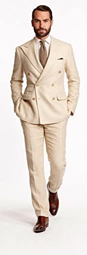 Double Breasted Men's 2 Pieces Beige Linen Tuxedos Prom Business Casual Suits Blazer Pants3