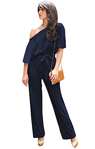 KOH KOH Womens One Shoulder Short Sleeve Sexy Wide Leg Long Pants One Piece Jumpsuit Jumpsuits Pant Suit Suits Romper Rompers Playsuit Playsuits, Dark Navy Blue L 12-14