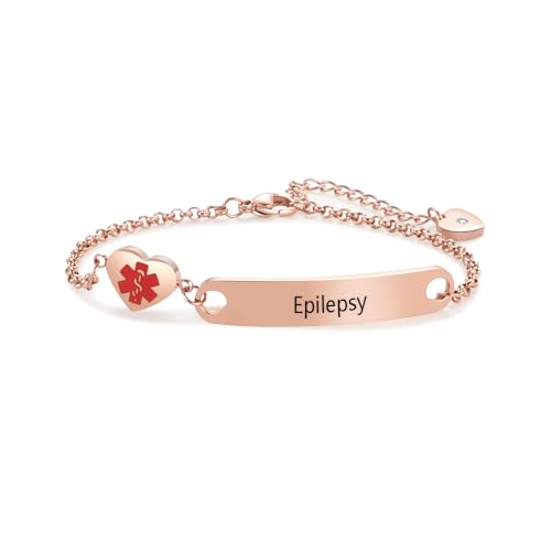 NARTGO Rose Gold Heart Medical Alert Epilepsy Bracelet for Women Emergency First Aid Health Alert Engraved Stainless Steel Adjustable Chain Bracelets
