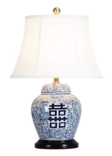 Fine Asianliving Lampe de Table en Porcelaine Chinoise Double Chance L38xP38xH58cm Lampes de Chevet Chinoise en Céramique Oriental Asiatique Avec abat-jour E27 Cover