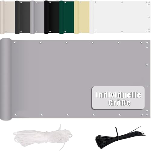 MENGH Paravento per balcone, 130 x 600 cm, grigio chiaro, senza fori (152 misure e 12 colori), rivestimento per balcone, protezione da vento e raggi UV, 160 g m², con accessori per il montaggio, 100%