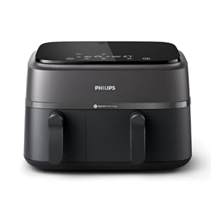 Philips Dual Basket Air Fryer 3000 Series, 8-in-1 functions, 9L, 2 Drawers, Auto-sync Cooking Time, 90% Less Fat, Rapid Air Technology, HomeID Recipe App, Dishwasher Safe, Black (NA350/00)