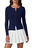 QINSEN Womens Long Sleeve Open Front Sweater Slim Fitted Button Down Crew Neck Cardigan Tops Navy Blue S
