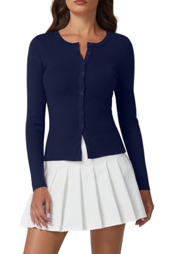 QINSEN Womens Long Sleeve Open Front Sweater Slim Fitted Button Down Crew Neck Cardigan Tops Navy Blue L
