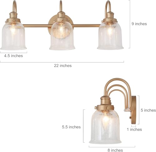 Image of KSANA Gold Bathroom Light Fixtures, Modern 3 Lights Vanity Light with Seeded Glass Shade Over Mirror for Powder Room, Bedroom and Dressing Area