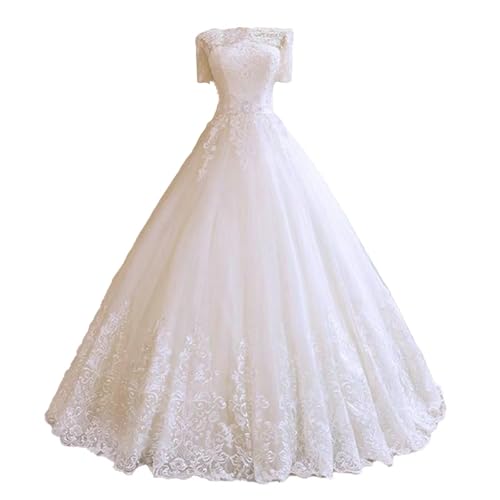 Women's Gorgeous Boat Neck Lace Wedding Dresses for Bride Short Sleeves Tulle Bridal Gown A Line Long Formal Dress