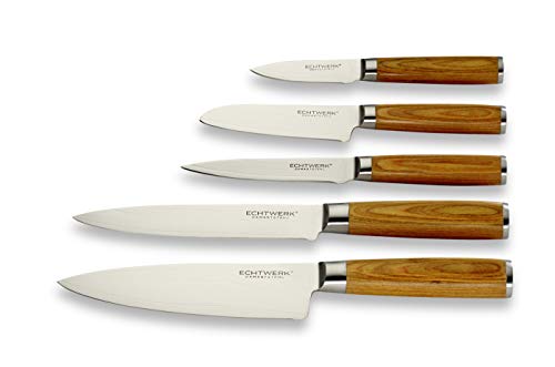 ECHTWERK 5-częściowy zestaw noży damasceńskich, zestaw noży kuchennych, nóż szefa kuchni, nóż Santoku, nóż do mięsa, nóż uniwersalny, nóż do obierania, stal damasceńska, gładka krawędź
