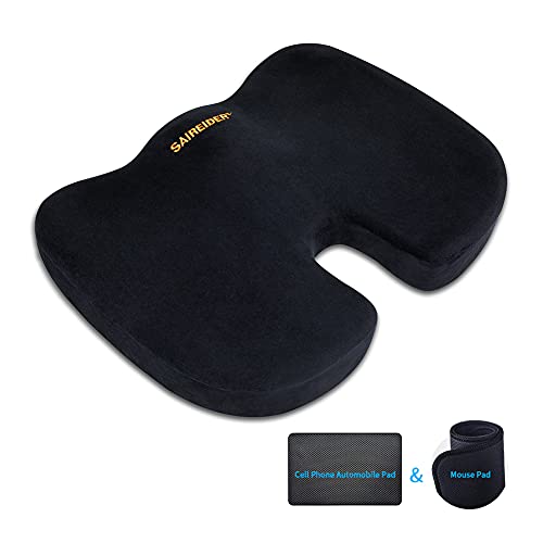 SAIREIDER Office Chair Cushion, Car Seat Cushion, Memory Foam Coccyx Cushion Pads for Tailbone Pain, Sciatica Relief Pillow, Correct Sitting Posture (Black)