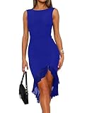 BORIFLORS Women's Sexy Ruched Bodycon Midi Dresses Elegant Sleeveless Backless Ruffle Hem Cocktail Party Tank Dress, Medium, Royal Blue