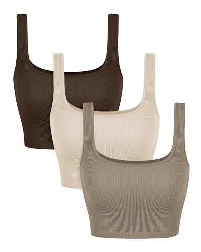 Image of ODODOS 3-Pack Seamless Square Neck Crop Tank for Women Ribbed Knit Soft Low Back Cropped Tops