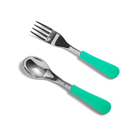 Avanchy Baby Spoons, Forks Stainless Steel and Silicone Set, Self Feeding Food Utensils, 4 Months Baby Led Weaning Cover