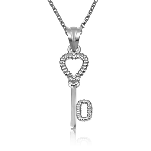 10K White Gold Heart Lock & Key Letter Initial Love Pendant Necklace Initial - O-22