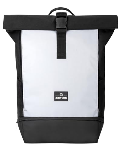 Johnny Urban Rucksack Damen & Herren Schwarz Reflektierend - Allen Medium Reflective - Rolltop Mit Laptopfach für Uni Fahrrad Business - 15L - Wasserabweisend