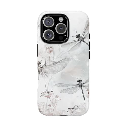Coque iPhone 16 Pro libellules grises aquarelle florale rigide mate antichoc