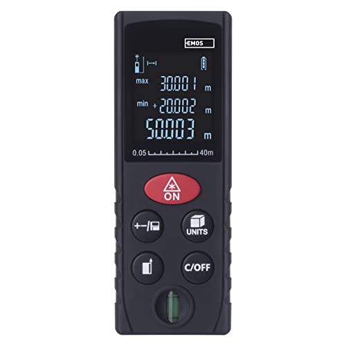 EMOS Laser Entfernungsmesser 40m, LCD Hintergrundbeleuchtung, Laser Messgerät für Distanz, Fläche, Volumen (m3, ft3) und indirekte Höhenmessung, mit Nivellierwaage, 2X 1,5V-Batterie-Bedarf, IP54