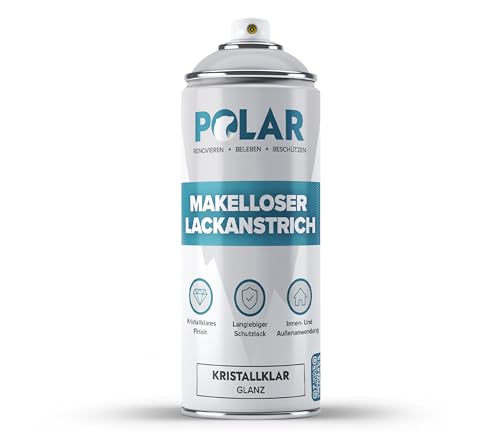 Polar Makelloser Klarlackspray - Glanzend - 400ml - Mehrzwecklack unterschiedliche Materialien - schnell trocknend haltbar und vergilbungsfrei - fur Kunststoff Holz und Metall - drinnen/draußen