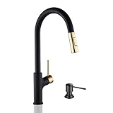 Achelous Black and Gold Kitchen Faucet with Soap Dispenser, Pull Down Magnetic Docking Sprayer,Stain
