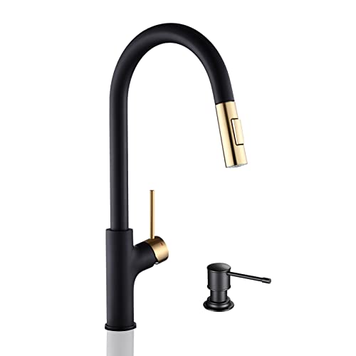 Achelous Black And Gold Kitchen Faucet With Soap Dispenser, Pull Down Magnetic Docking Sprayer,Stainless Steel Pull Out Rv Kitchen Sink Faucets,Single Handle Deck Mount #TOP5