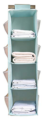 AARainbow 4 Shelves &12 Pockets Hanging Closet Organizer, Fabric Foldable Hanging Shelves,Washable Collapsible Wardrobe Space Saving Organizers for Handbag Purse Clothes Pants Shoes12Lx9Wx31H (Blue)