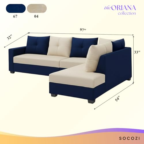 Image of SOCOZI Oriana 6 Seater RHS L Shape Sofa Set | Soft Velvet Suede Fabric | Modern Design | Plush Comfort Cushions for Living Room (Dark Blue-Cream)