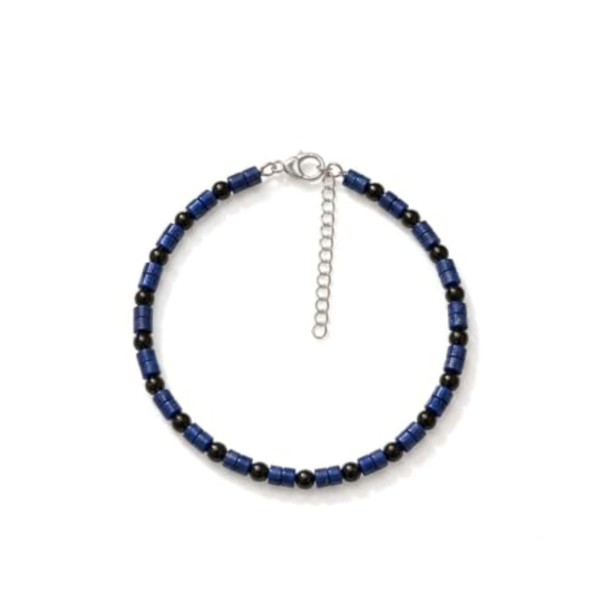Black Obsidian & Lapis Lazuli Beaded Anklet with Adjustable Chain