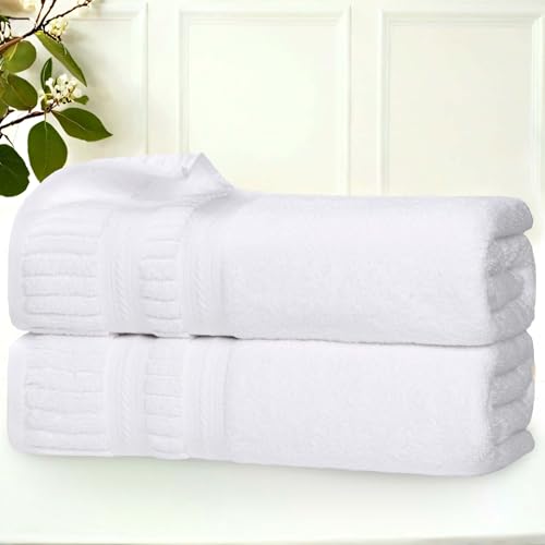 Superior Venice Zero Twist Cotton Medium Weight Towels, for Guest Bath, Bathroom, Shower, Spa, Plush Towels, Bath Essentials, Ribbed Textured Border, Bath Towels, Set of 2, White by SUPERIOR - Used condition - US$23.04