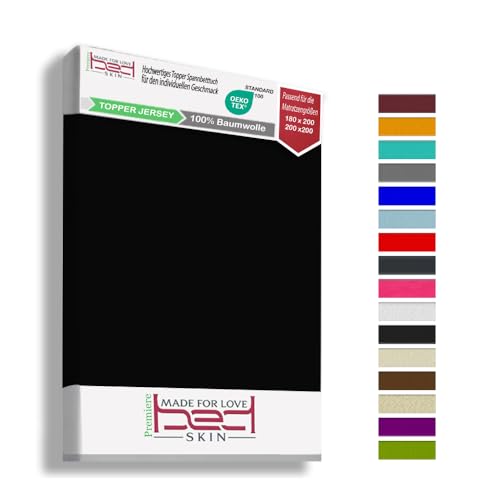 Bedskin Premium Topper Spannbettlaken 180x200 & 200x200 cm – 100% Baumwolle, Jersey Spannbetttuch, für Topper bis 10 cm Höhe (Schwarz)