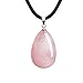 iSTONE Natural Teardrop Rose Quartz Pendant Necklace with 16" Rope Chain,Healing Chakra