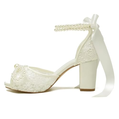 Image of Lace Pearl Wedding Shoes for Bride High Heel Bridal Shoes Peep Toe Platform Wedding Heels