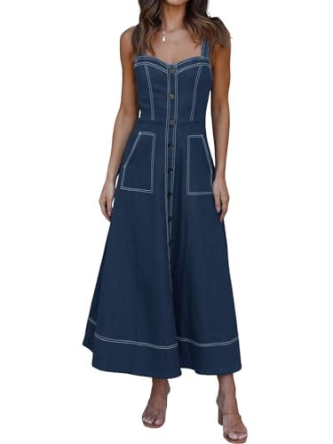 Fisoew Womens Denim Maxi Dress Casual Summer Spaghetti Strap Sleeveless Long Jean Dresses