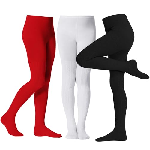 Image of Zando 3Pack Girls Tights Kids Cable Knit Cotton Footed Seamless Tights Winter Warm Leggings Stockings for School Daily 4-12T