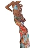 MakeMeChic Women's Halter Triangle Bikini Sets Floral 3 Piece Swimsuit Bathing Suit Cover Up Long Skirt Multicolor a Large