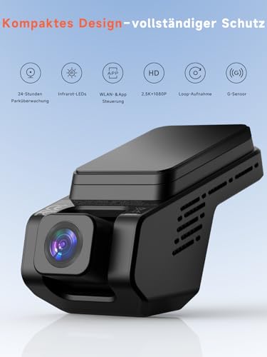 Veement Dashcam Auto Vorne Und Innen 2,5k+1080p, Mini Dash Cam Auto Kamera Mit 32-GB-Karte, Super-Nachtsicht, 4 IR-LEDs, 165° Weitwinkel WDR, G-Sensor, Loop-Aufnahme, 24H Parkmodus (Dunkelschwarz) – Bild 3